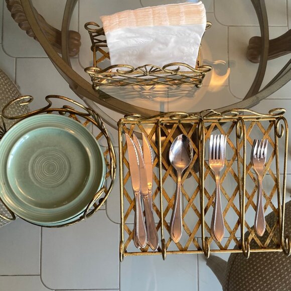 Set of 3 Metal Plate, Silverware, and Napkin Holders, Antiqued Distressed Gold - Picture 2 of 12